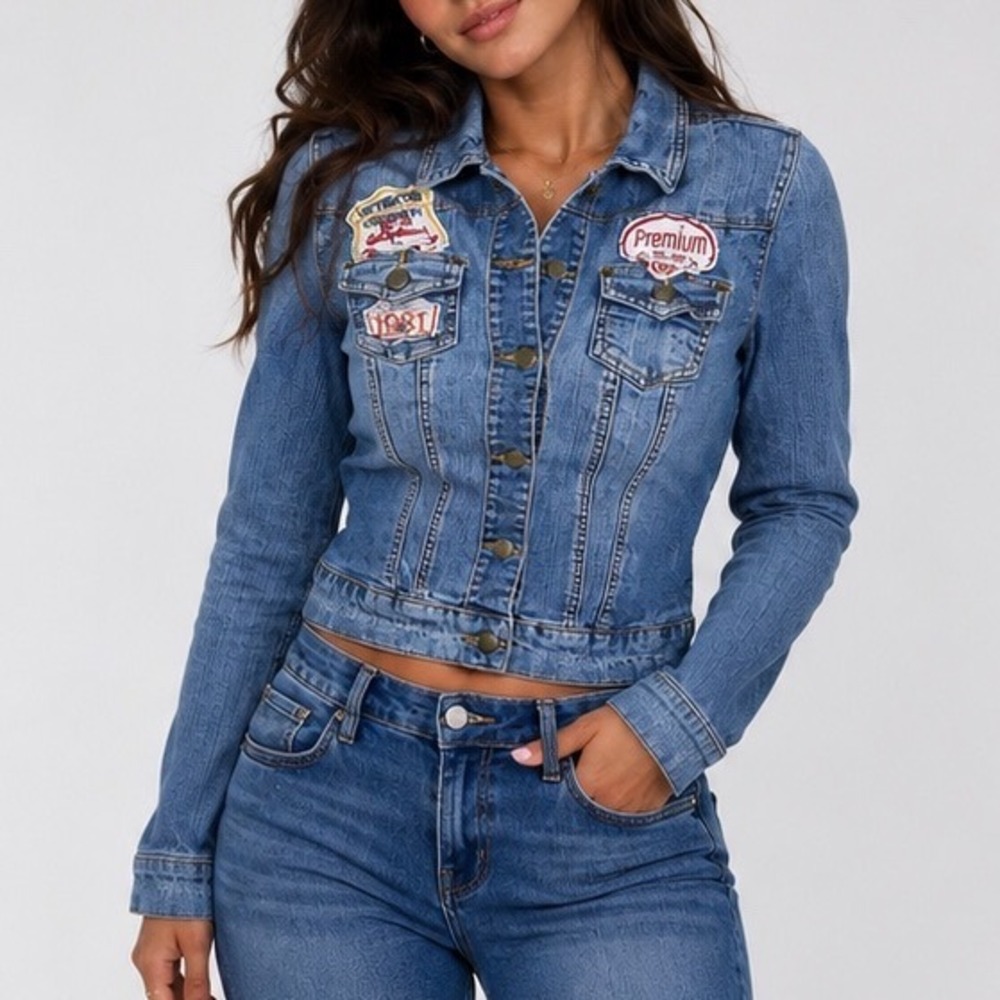 2.1‎ Denim Womens Medium Wash Patched Trucker Jacket Blue Size M